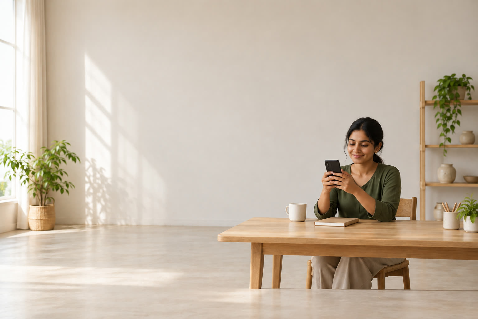 A seller at her studio table, setting up on her phone