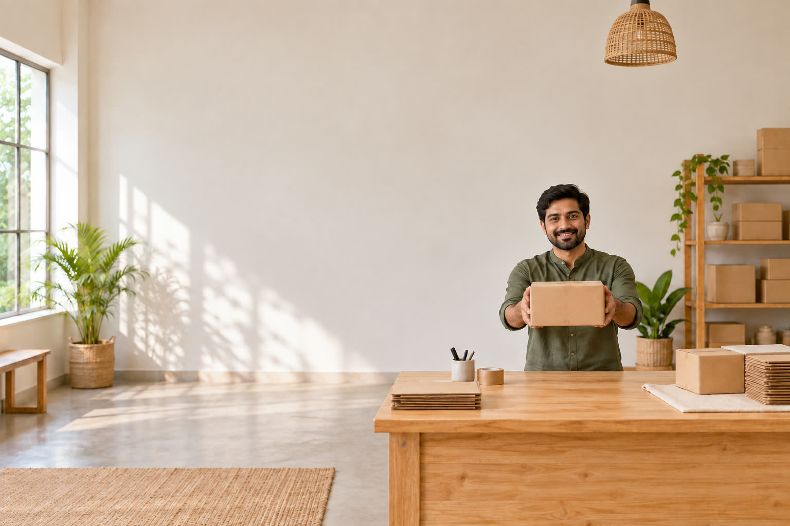 A seller holding up a packed parcel at his desk