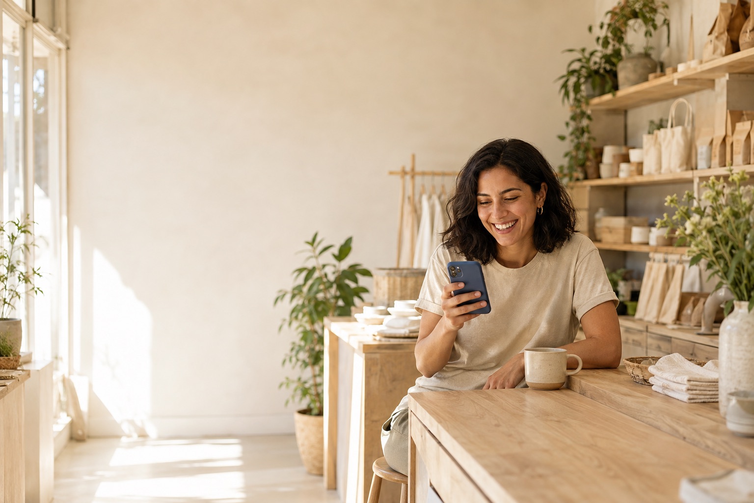 A seller at her studio desk, smiling at a message on her phone