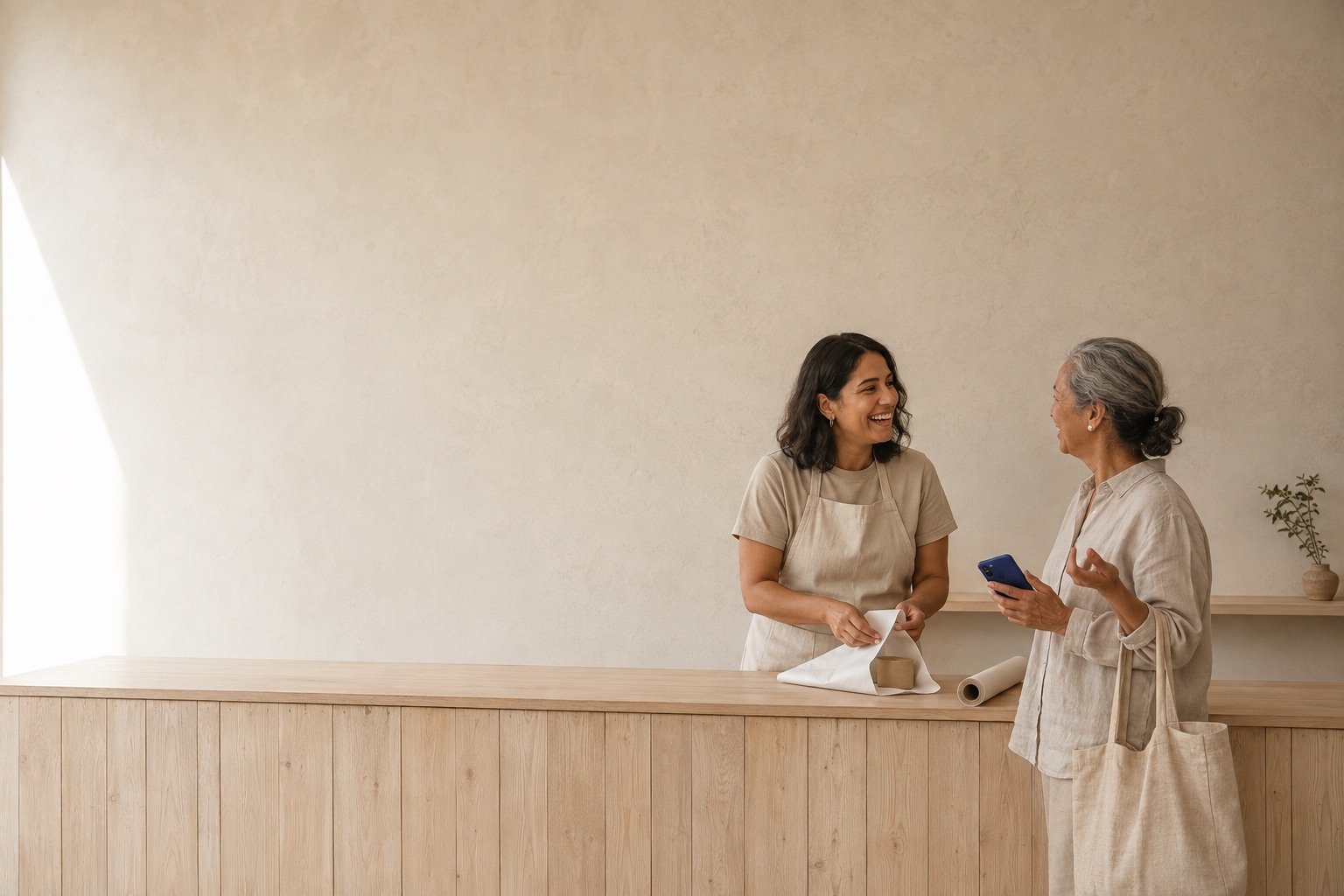 A seller at her counter with a customer who keeps coming back
