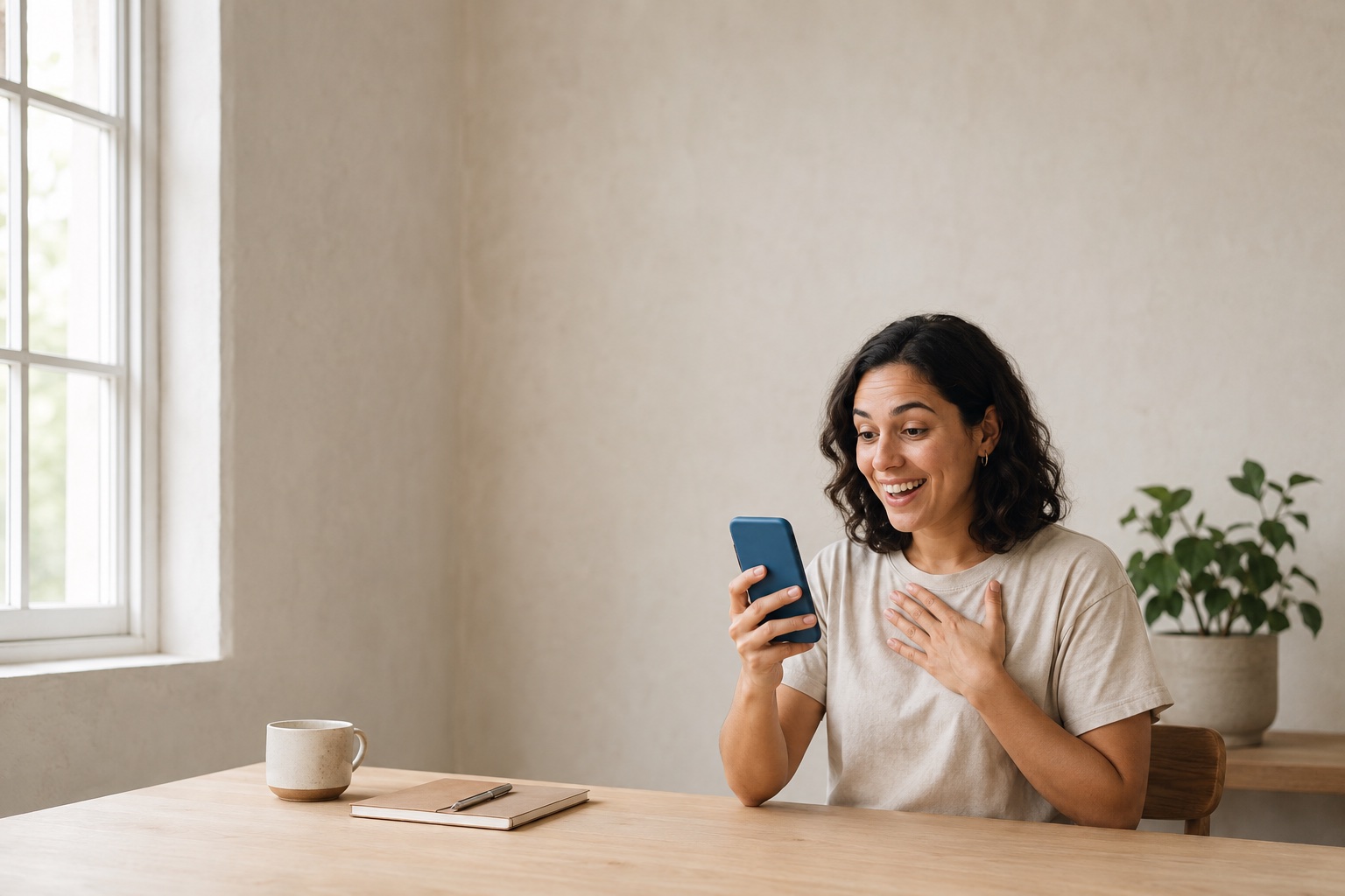 A seller smiling at a customer’s reply on her phone