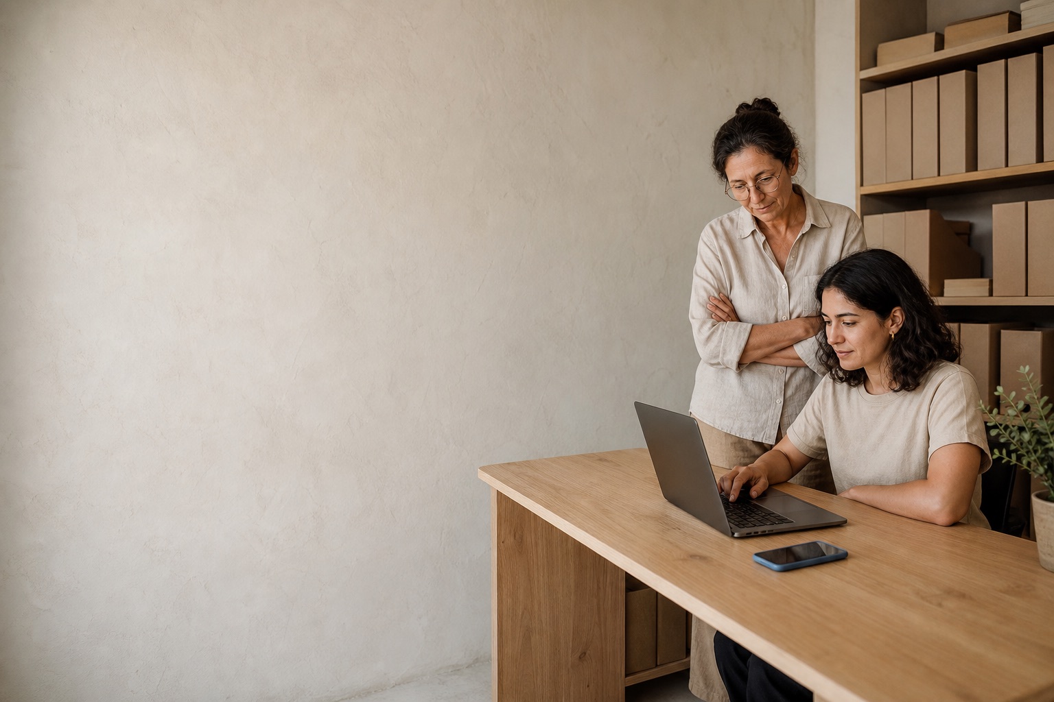 A shop owner and her teammate going through chats on a laptop