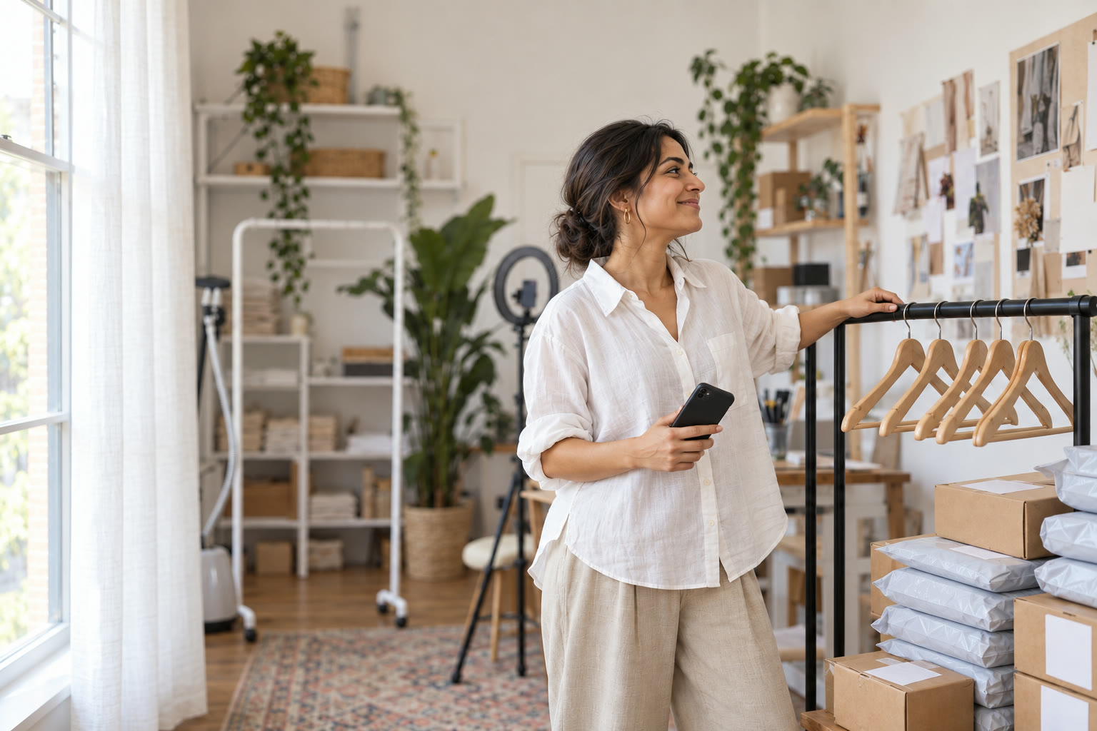 A seller beside her clothes rail and packed parcels, phone in hand