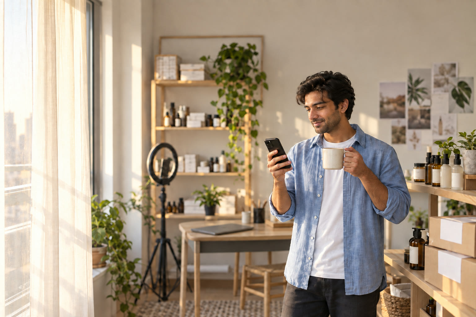 A shop owner reading his messages over a cup of coffee in his studio