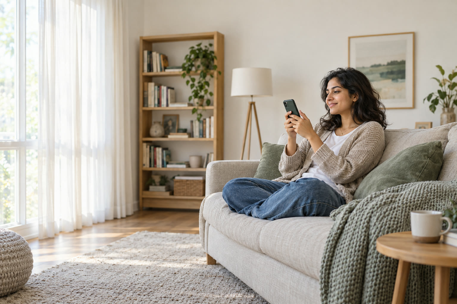 A customer at home on her sofa, paying on her phone