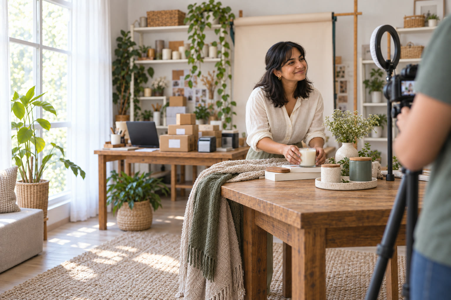 A seller at her studio table, ring light and camera set up for a Reel