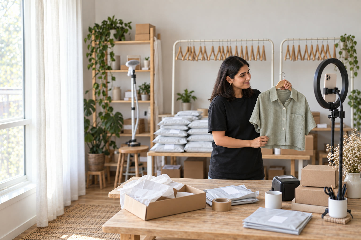 A seller holding up a shirt to her phone on a ring light, parcels ready on the table